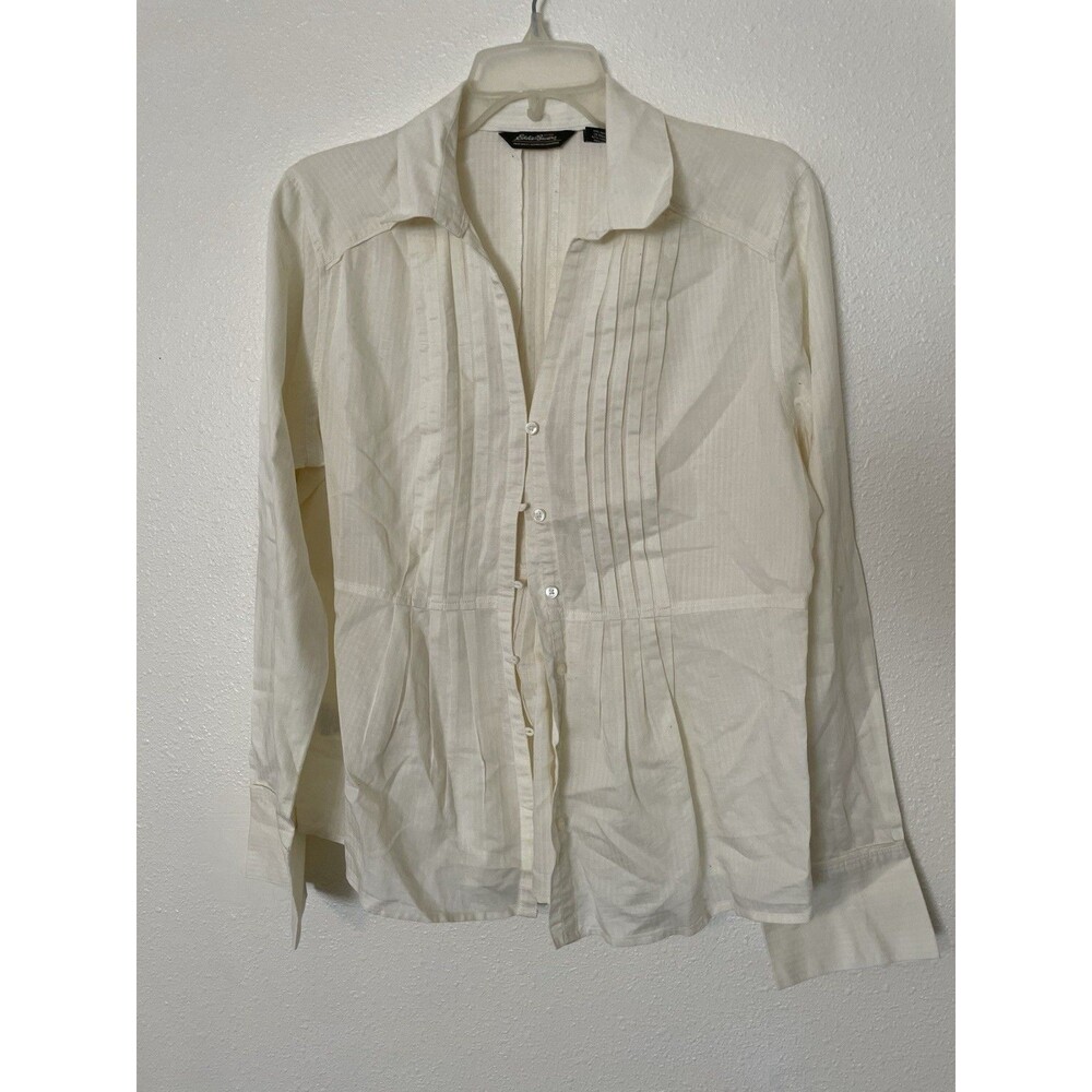 Eddie Bauer Button Up Shirt Womens medium Yellow LINEN Blend Lightweight